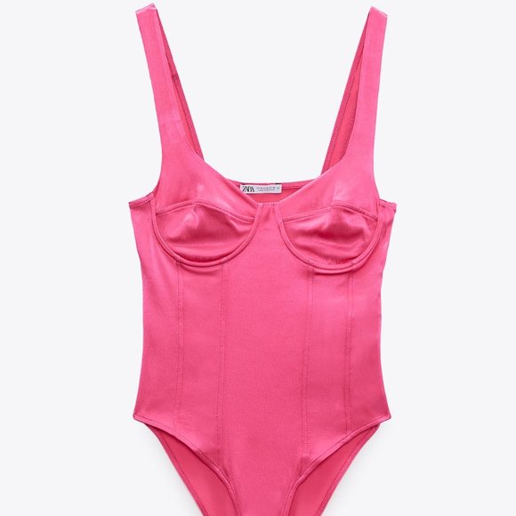 Zara Tops Zara Pink Satin Effect Bustier Bodysuit Poshmark